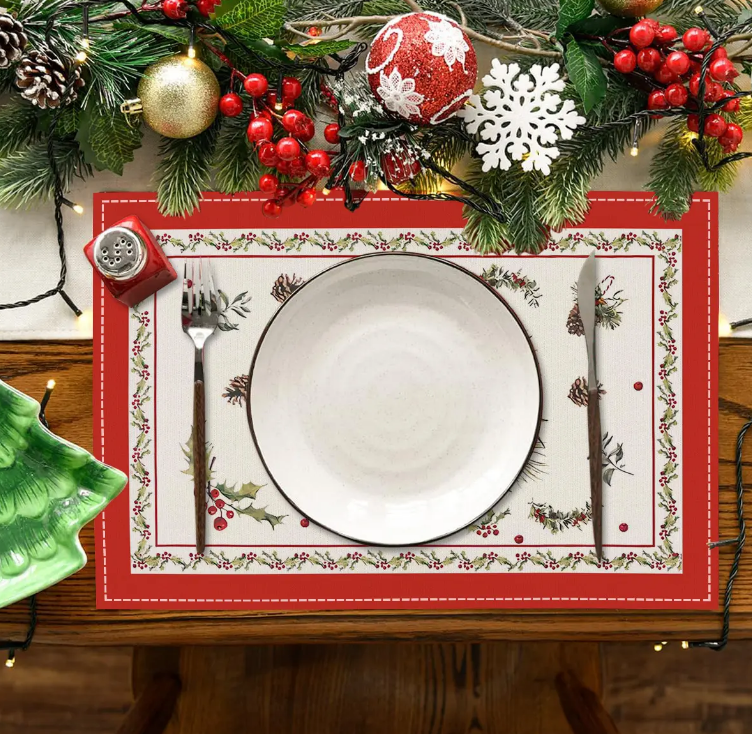 China Christmas Tree Bell Print Placemat Red Striped Checkered Linen Table Mat Custom Home Decor Dining Table Mat Manufacturer, Factory