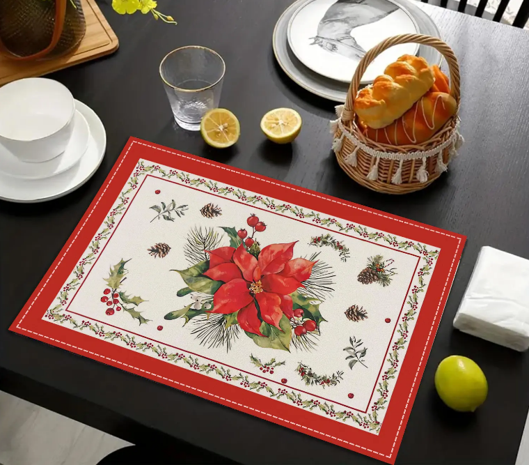 China Christmas Tree Bell Print Placemat Red Striped Checkered Linen Table Mat Custom Home Decor Dining Table Mat Manufacturer, Factory