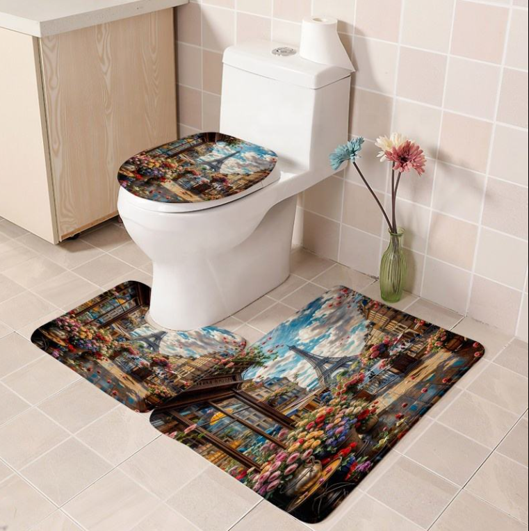 High-Quality Custom Printed 3-Piece Anti-Slip Bathroom Rug Set Flower Design Polyester Shower Curtain and Toilet Mat for Washroom Decoration Suppliers, Factory