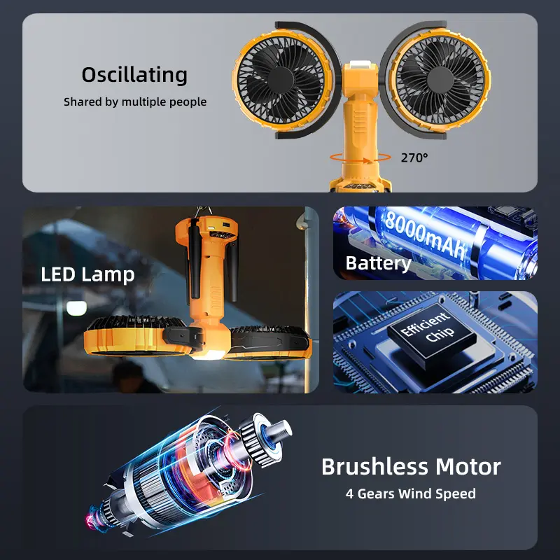 Custom F7300 Portable 8000mAh Rechargeable Dual-Heads Oscillating Outdoor Camping Fan Manufacturer, Factories