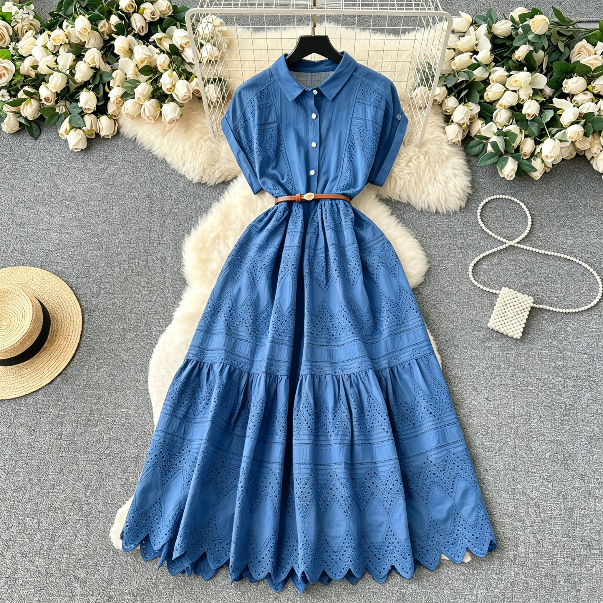 Women's Elegant Eyelet Lace Shirt Dress Embroidery Midi Dress Short Sleeve Ruffle A-Line Boho Vacation Apparel