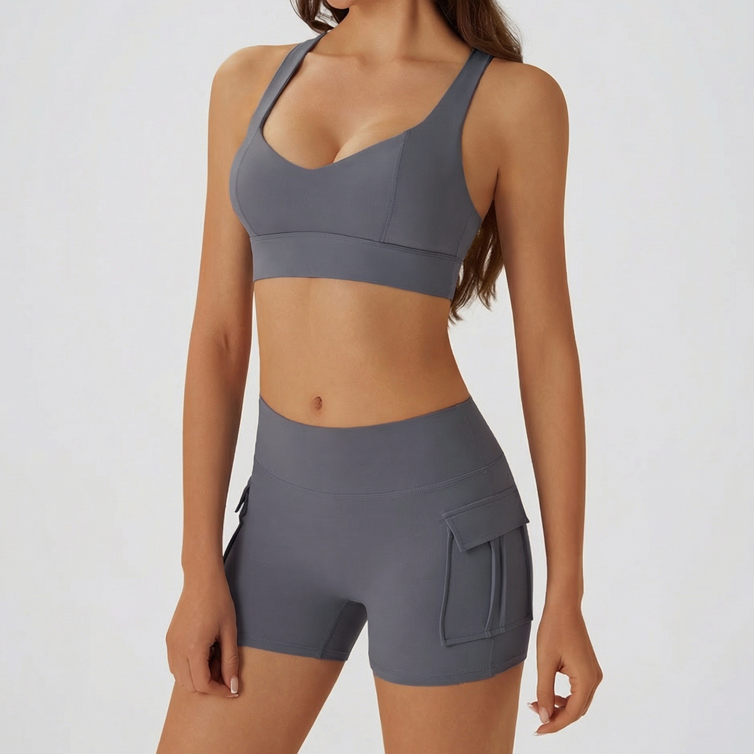 TZ061 Sportswear Set Women's Hollow-Out Back Sports Bra &amp; High Waist Cargo Shorts Yogowear High Support Spandex/Nylon Outdoor
