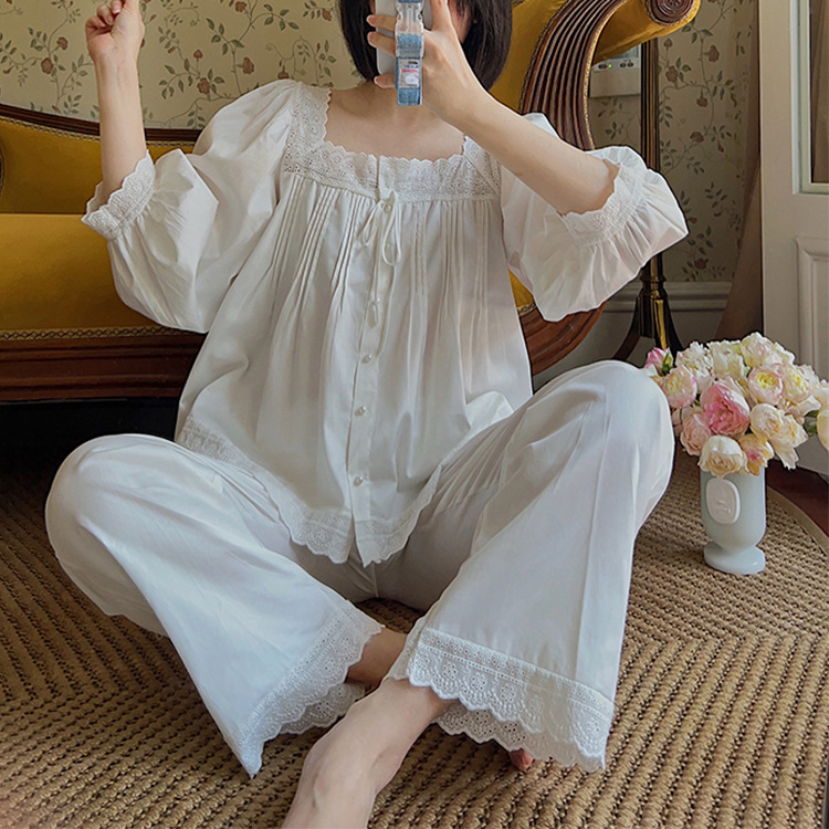 Retro Elegant Accordion Pleated Square Collar Cotton Long Sleeve Homewear Pajamas Set Women's Spring Autumn New Loose Sweet
