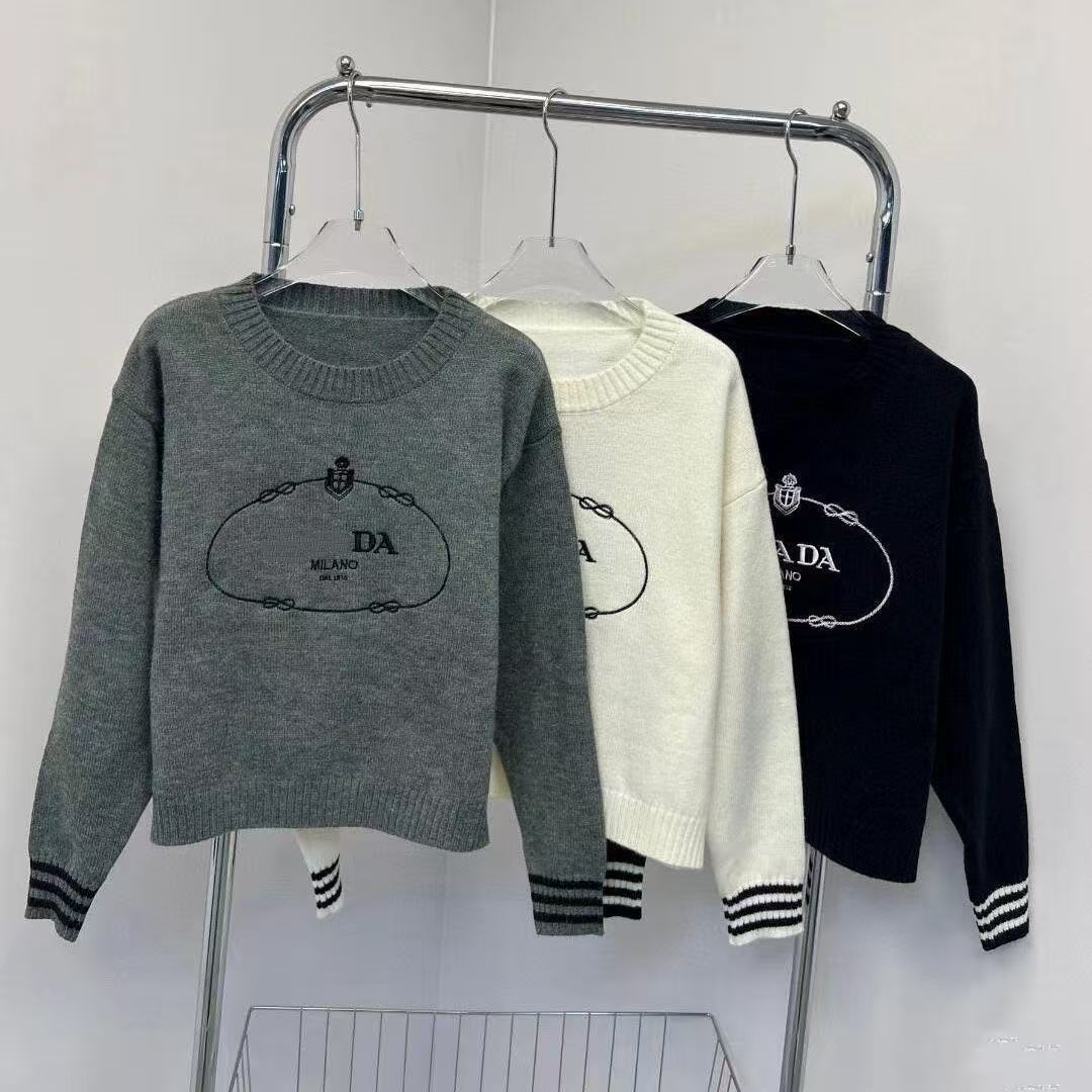 Luxury Designer Women's 100% Cotton Pullover Embroidery Long Sleeve Casual Knitted Top with Custom Logo Winter Knit Sweater