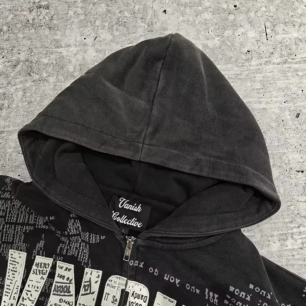 Custom Streetwear Hoodie Manufacturers Black Rhinestone Embroidery Zip up Vintage Acid Wash Heayweight Hoodies Unisex Clothing Apparel