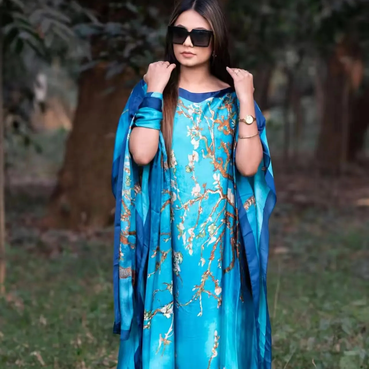 2025 Popular Girl's Brand Silk Robes With Scarf Luxury Ethnic African Loose Printed Women's Satin Silk Muslim Kaftans