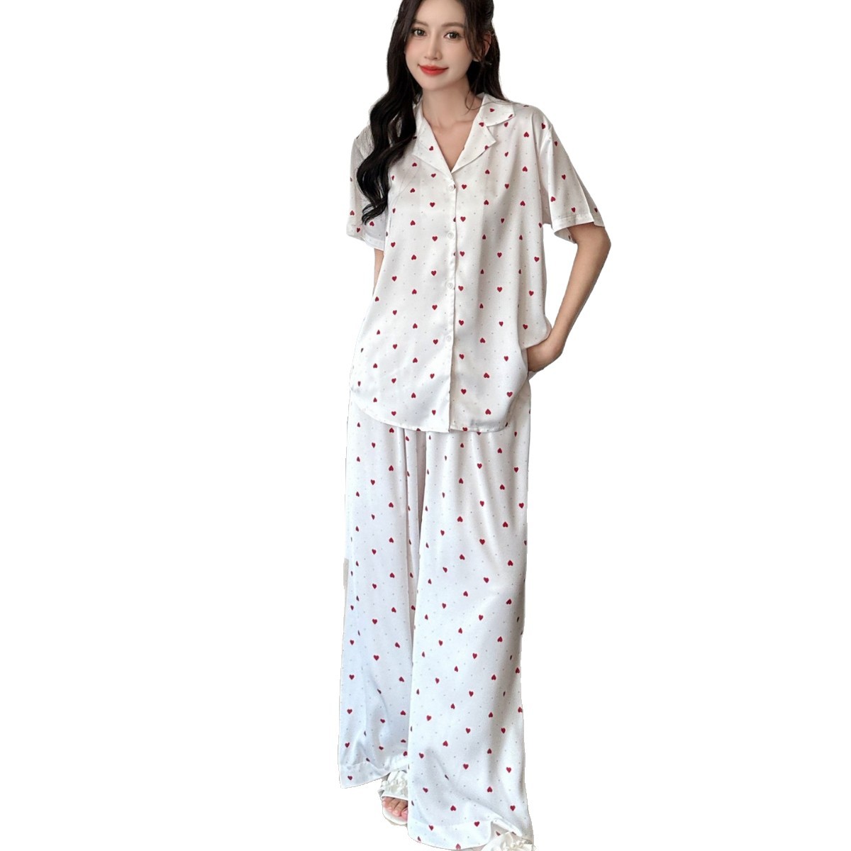 Breathable Lightweight Women's Summer Ice Silk Heart Print Full Length Elegant Pajamas Homewear with Lapel Collar