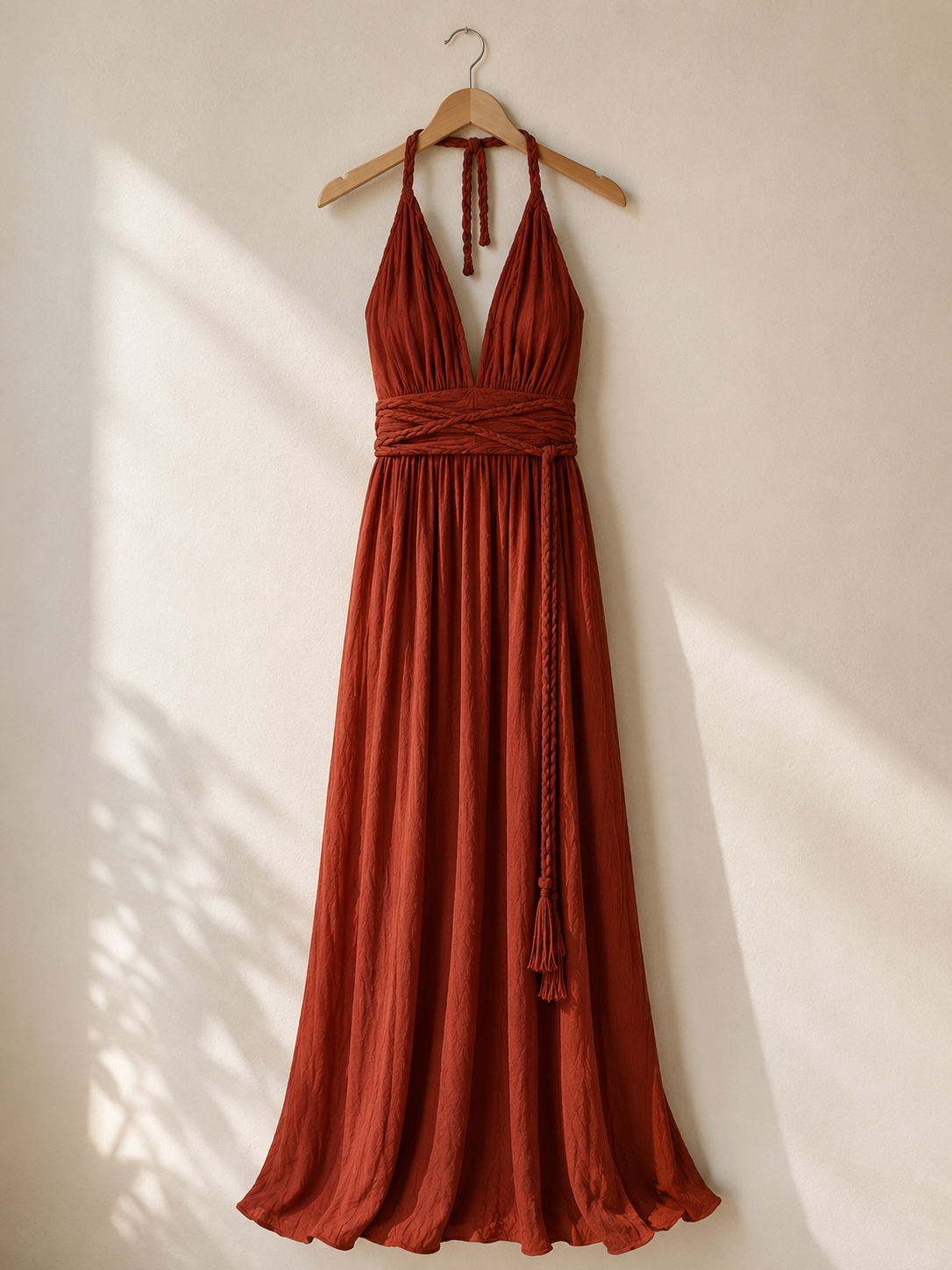 Wholesale Boho Beach Maxi Dress Cotton Crinkled Halter Neck Backless Dress For Women Summer Resort Wear Custom Apparel