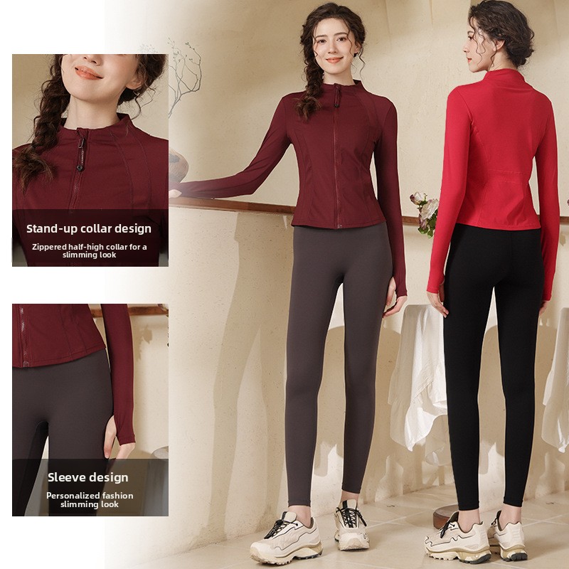 Women's Stand-Collar Zip-Up Sporty Jacket Set; Slim-Fit Breathable Quick-Drying Cycling Yoga Fitness Apparel Spring Autumn China