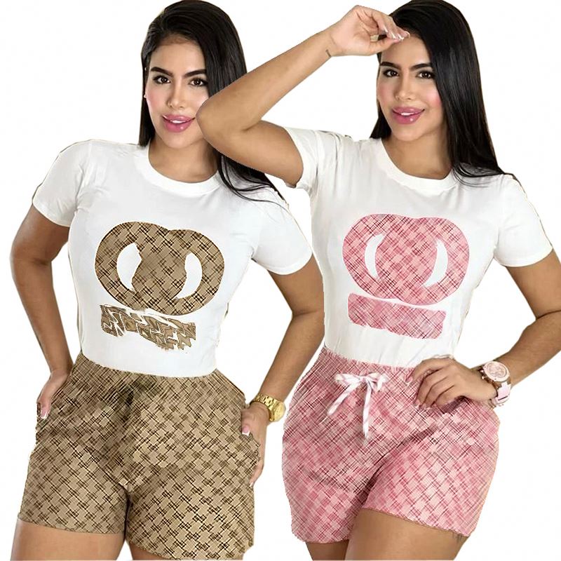 New Summer Ladies Luxury Clothing Designer Print Short Sleeve Shorts Set Famous Brand Women Casual 2 Piece Shorts Set