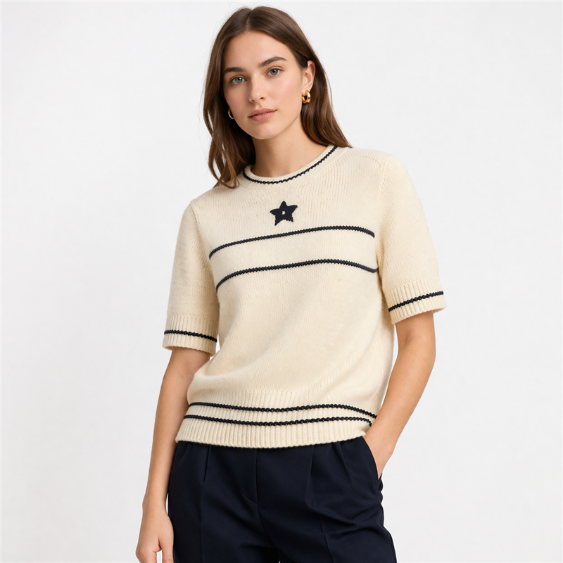 Women Knit Top Short Sleeve Sweater Summer Knitwear Casual Star Pattern Pullover OEM Manufacturer