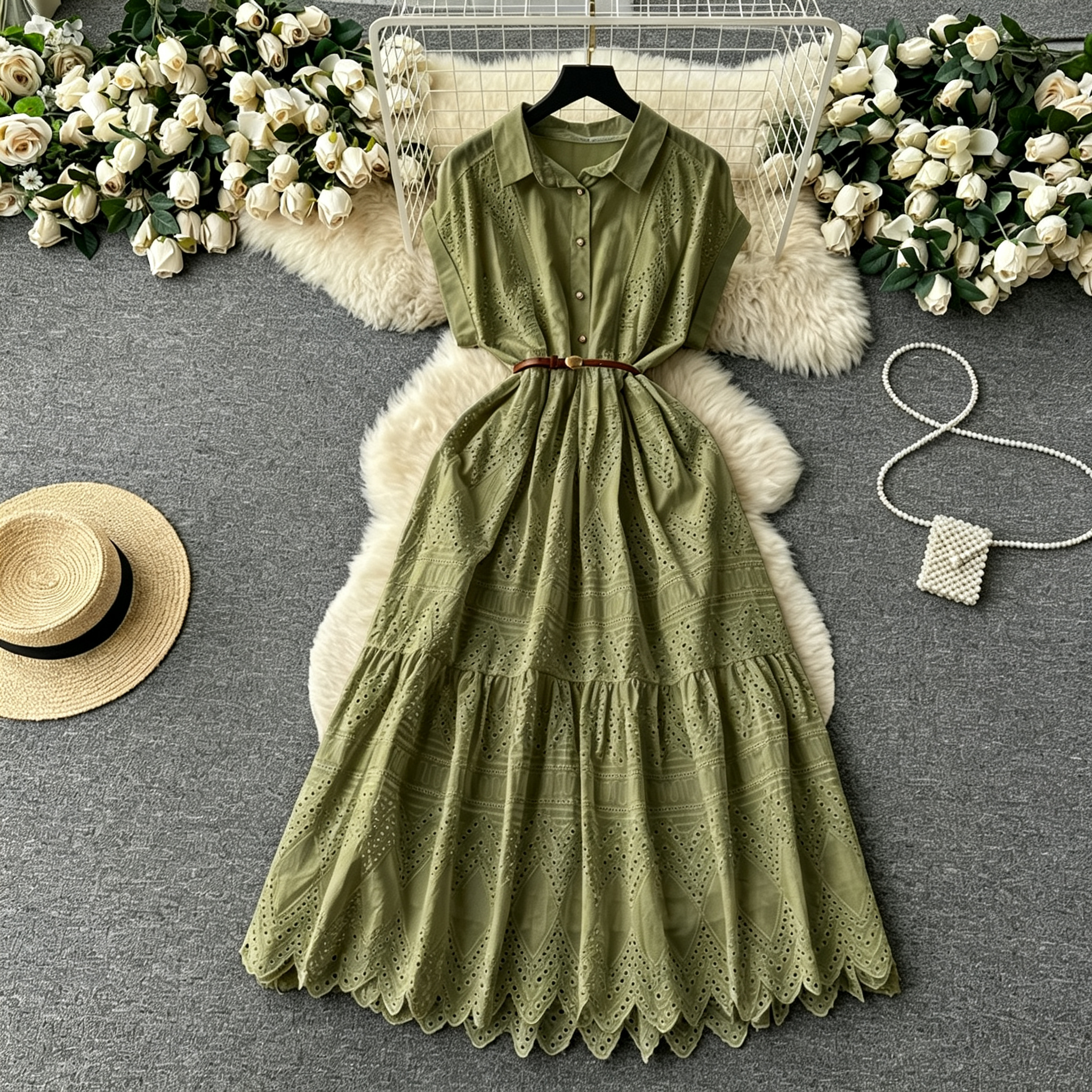 Women's Elegant Eyelet Lace Shirt Dress Embroidery Midi Dress Short Sleeve Ruffle A-Line Boho Vacation Apparel