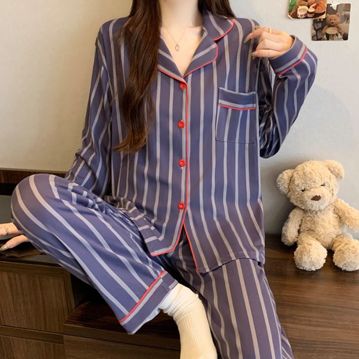 Spring Autumn Women's Long-Sleeved Knitted Pajama Set with Elastic Waistband Stripes Soft Comfortable for Casual Home Wear