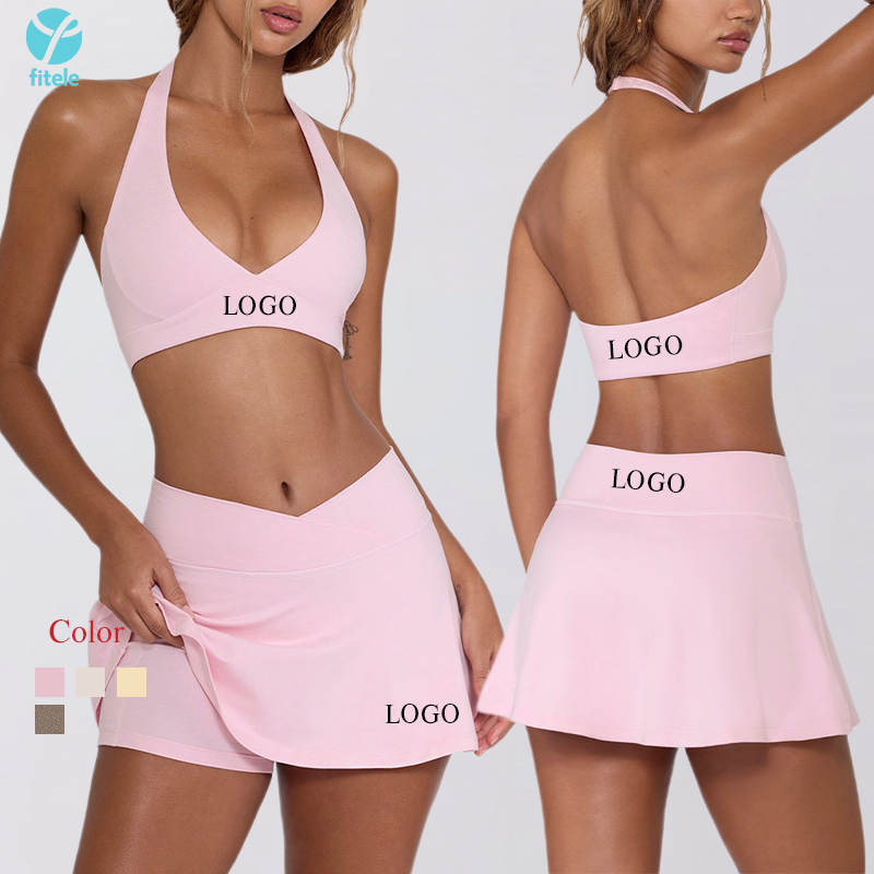 Women's Halter V Neck Bra Tennis Skirt Custom Logo 2-Piece Solid Breathable Yoga Golf Tennis Sport Wear Front Fitness Outfits