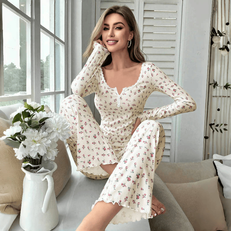 Hot Sale European American Style Autumn Winter Homewear Floral Long-sleeved Breathable Women Pajamas Full Length Sleepwear