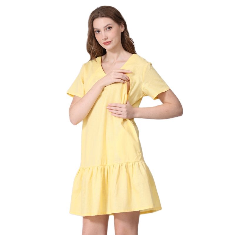 Summer Loose Pregnant Women Dress Ruffle Straight Cut Maternity Cotton Linen Dress Invisible Zipper Breastfeeding Dress Big Size