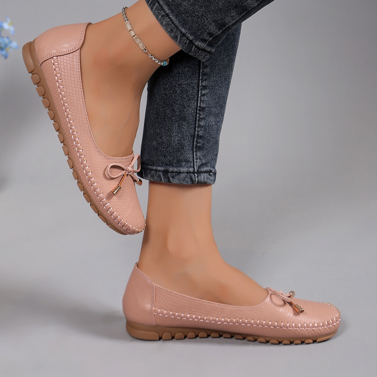 Comfortable Pink Women's Loafers, Lizard Pattern Slip-On Flats With Bow, Hand Stitched Flexible TPR Sole Casual Office Shoes