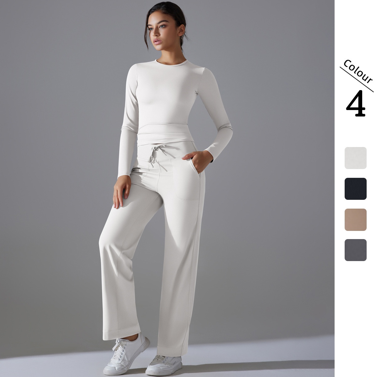 Double Sided Breathable Long Sleeve Wide Leg Sports Fitness Two Piece Front Suit Yoga Suit