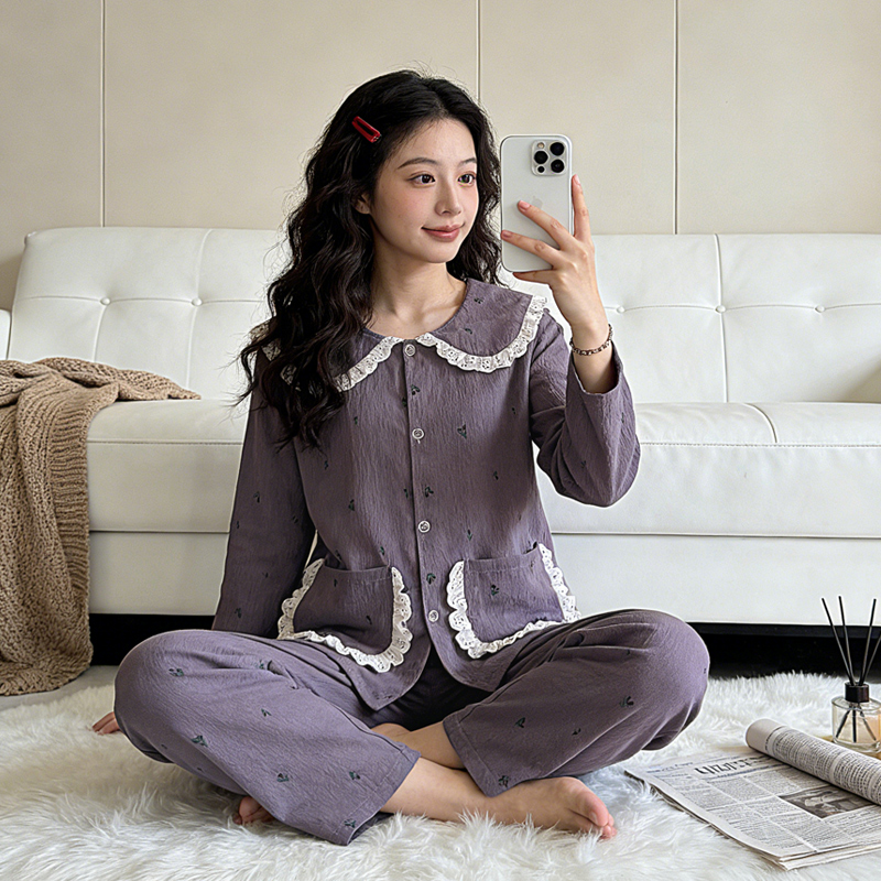 Sweet Floral Print Women's Pajamas With Long Sleeves and Pants Purple Casual Comfortable Loungewear