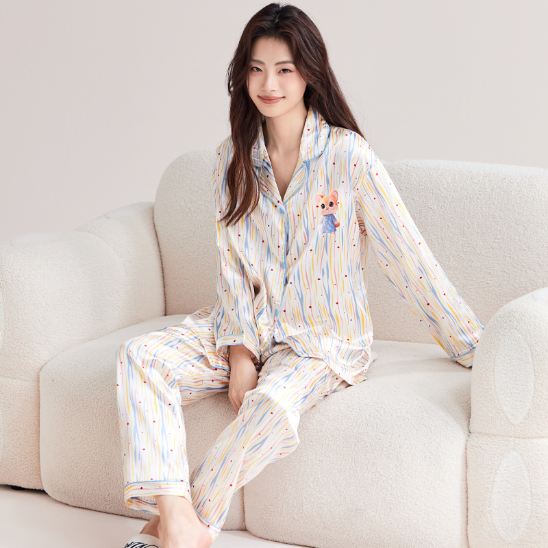 Women's Comfortable Sleepwear Set With Lapel Collar, Silk-like Striped Print, Long Sleeves and Pants