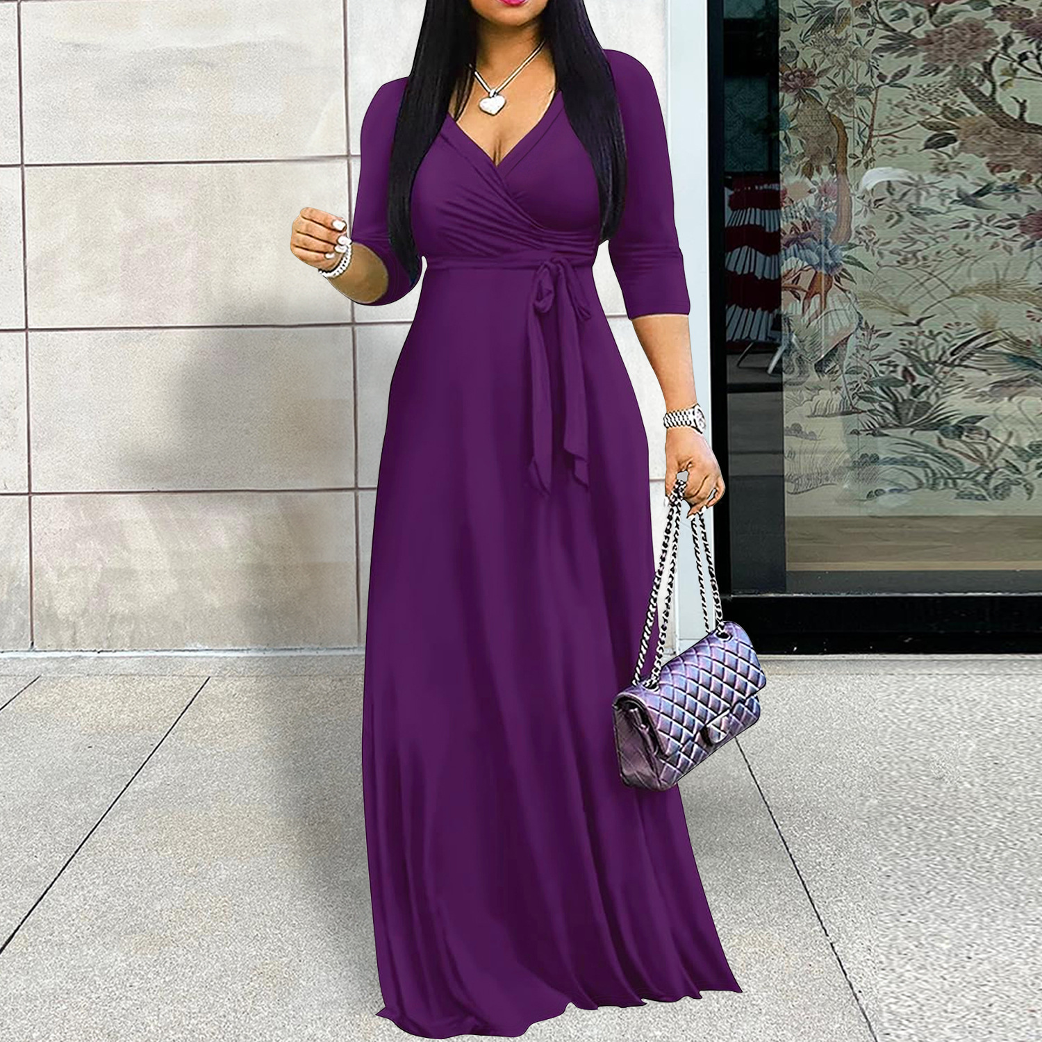 Women's Summer Fashion Trendy and Simple Solid-color V-neck Belt-adorned Business Dress