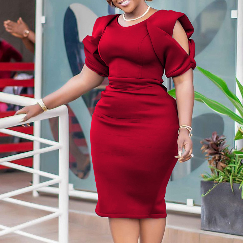 Wholesale High Quality Plus Size Business Dress for Women Short Sleeve Office Work with Solid Pattern Formal Office Workwear