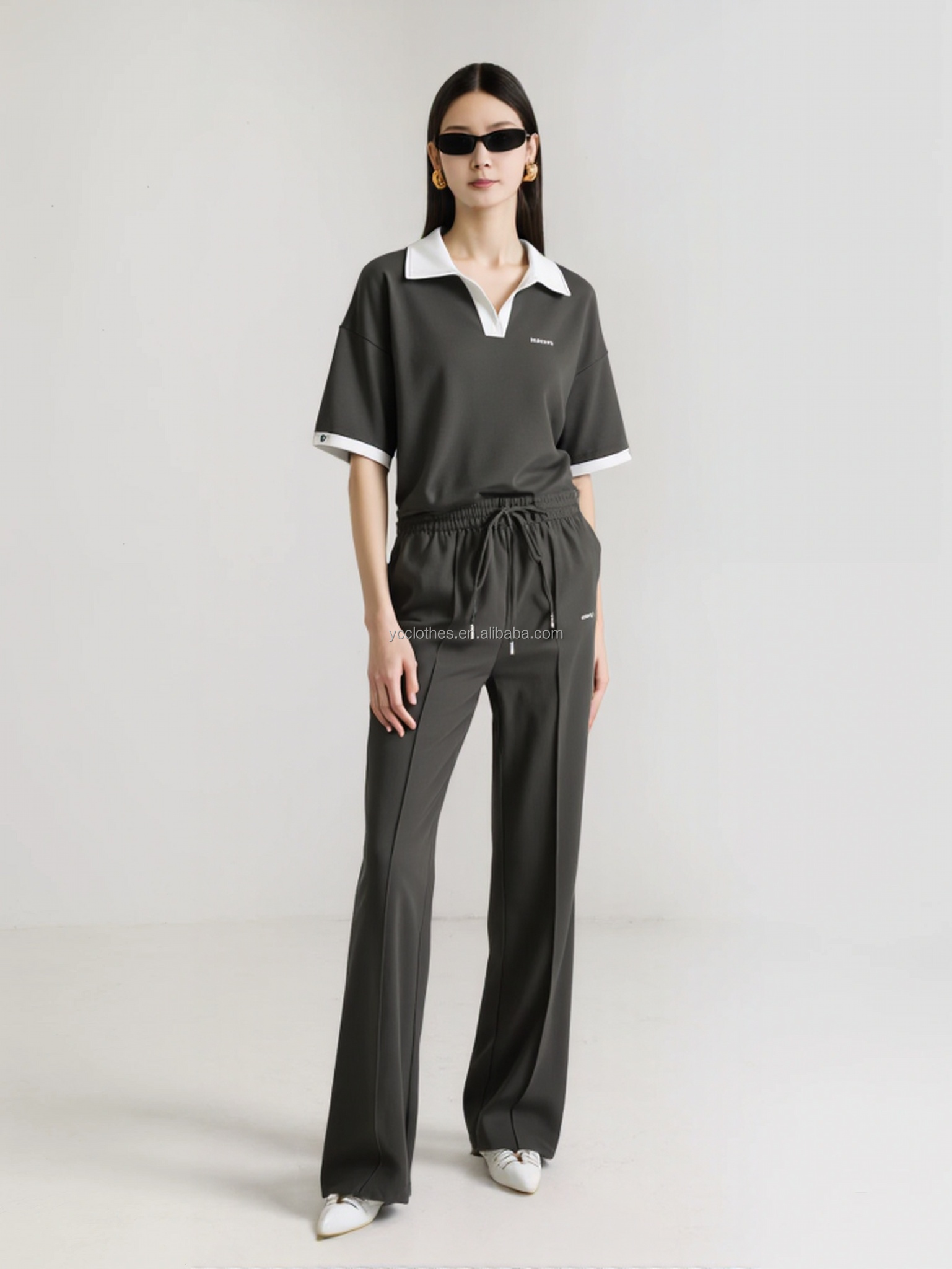 Wholesale Anti-Wrinkle Embroidered Custom Logo Women's Straight Pants Full Length High Waist Elastic Drawstring Casual Lounge