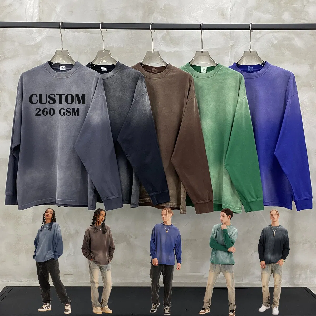 Apparel Wholesale Men 100% Cotton 260g Heavyweight High Quality Vintage Washed Oversized Blank Streetwear Custom Puff Print Designer Long Sleeve Tee Shirt