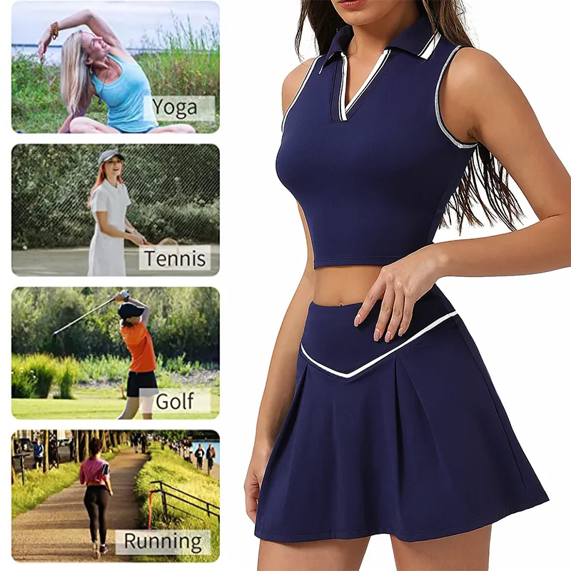 Latest Fancy and Sexy V Neck Pedal Tennis Apparel for Women, 2 Piece Flowy Hem Athletic Skirt with Sleeveless Lapel Collar Padded Crop Top Golf Workout Outfits