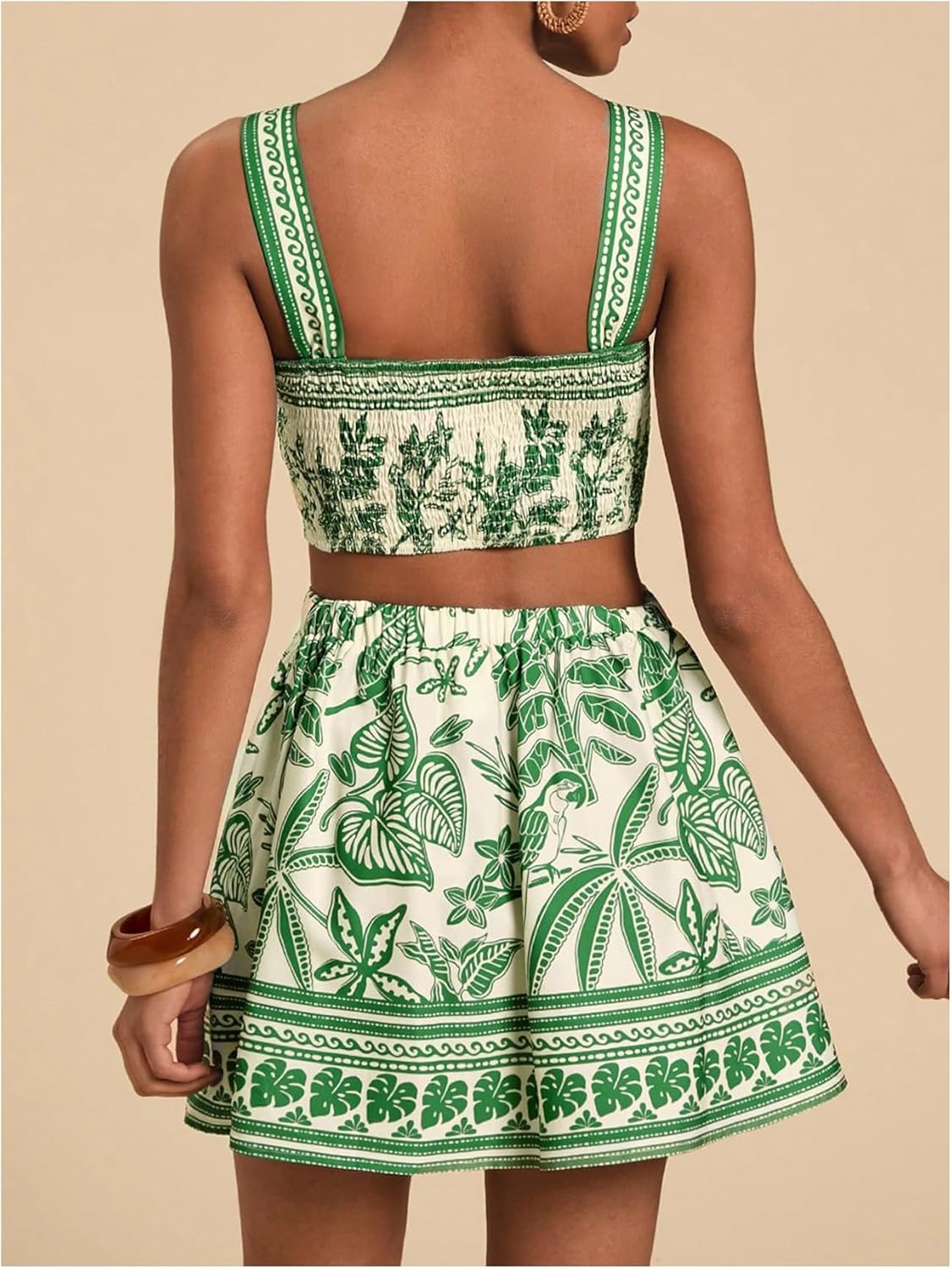 Floerns Women's Two Piece Outfit Tropical Crop Cami Top And Above Knee Summer Skirt Set 95% Polyester 5% Elastane