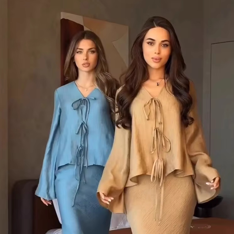 J-256 2025 Elegant Modest Luxury Slim 2 Piece Set of Temperament Tied Top and Slimming Muslim Long Casual Dress Women