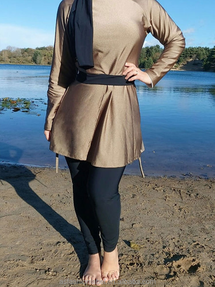 Custom OEM Burkini 3 Piece Set Women Mock Neck Peplum Top Quick Dry Long Sleeve Hijab Champagne Muslim Swimsuit Modest Swimwear