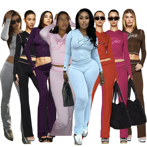 FloralCharm Women Clothing Designer Printed Hooded Long Sleeved Flared Pants Casual 2 Piece Set