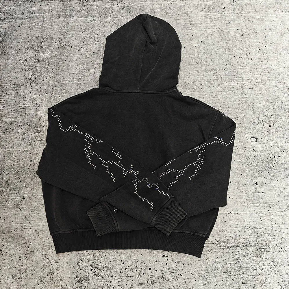 Custom Streetwear Hoodie Manufacturers Black Rhinestone Embroidery Zip up Vintage Acid Wash Heayweight Hoodies Unisex Clothing Apparel