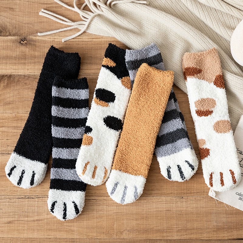 Wholesale Women's Cozy Microfiber Sleep Socks Novelty Cat Paw Design Warm Fuzzy Crew for Winter Season