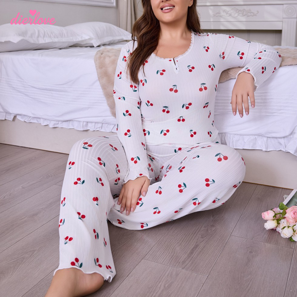 Plus Size Women's Luxury Cherry Print Two-piece Breathable Simple Summer Pajamas Sleepwear Set Long Sleeve Shorts Home Clothes