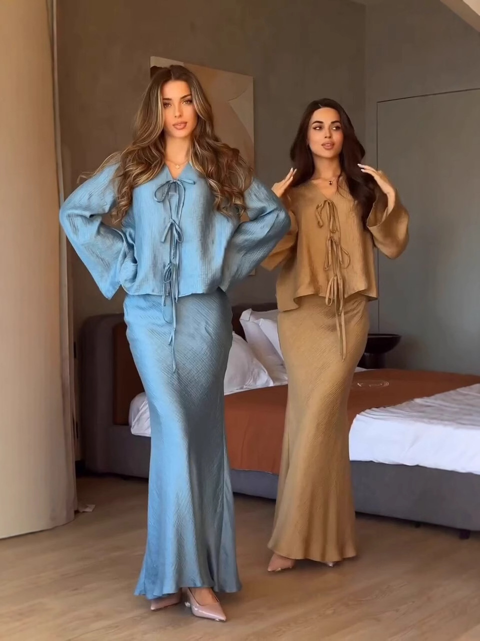 J-256 2025 Elegant Modest Luxury Slim 2 Piece Set of Temperament Tied Top and Slimming Muslim Long Casual Dress Women