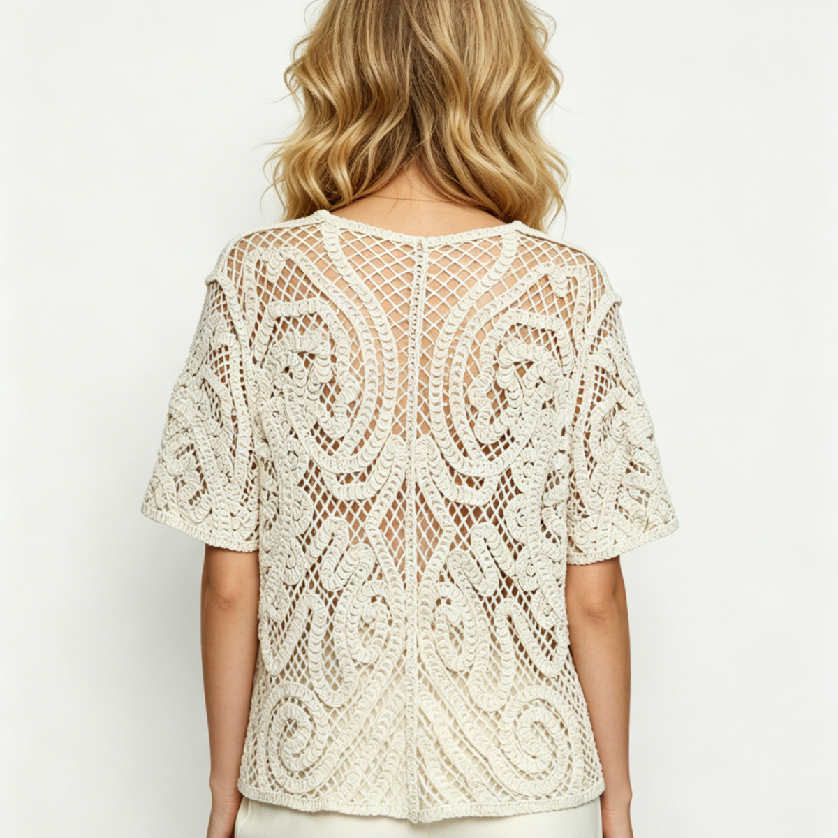 Women Beige Lace Crochet Lightweight Hollow Out Openwork Loose Casual Short Sleeve Boho Daily Commute Knit Crochet Cardigan Top