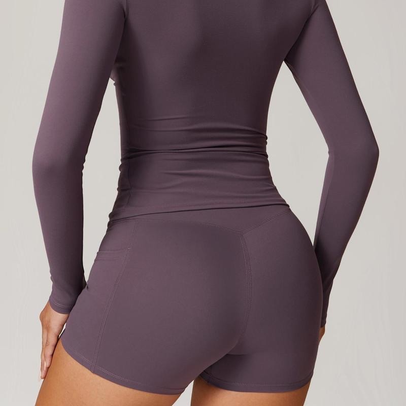 Women's Solid Quick-Dry Yoga Fitness Clothing Outdoor Sports Crew-Neck Long-Sleeve Slim-Fit Pocketed Drawstring Front Shorts Set