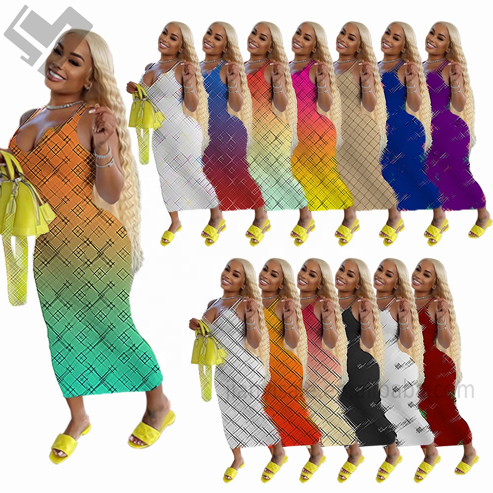 2023 Trendy Summer Women Designer Clothing Letter Print Sexy Bodycon Long Dress Ladies Luxury Casual Sleeveless Maxi Dress