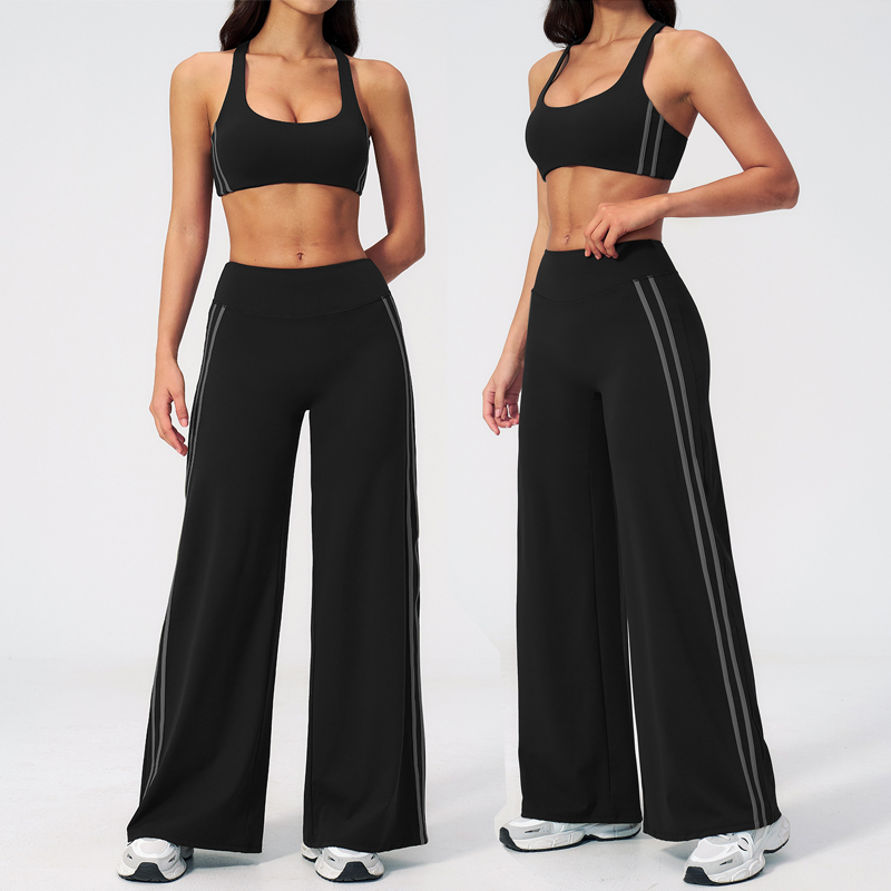 Women's New Medium Waist Solid Loose Pants Racer Back Sports Bra Outdoor Fitness Workout Set With Two Bars on Both Sides