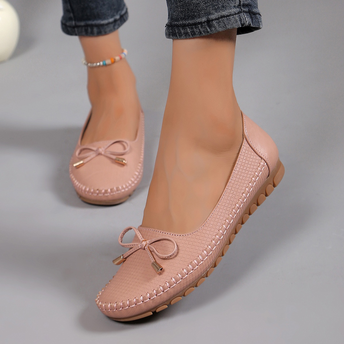 Comfortable Pink Women's Loafers, Lizard Pattern Slip-On Flats With Bow, Hand Stitched Flexible TPR Sole Casual Office Shoes
