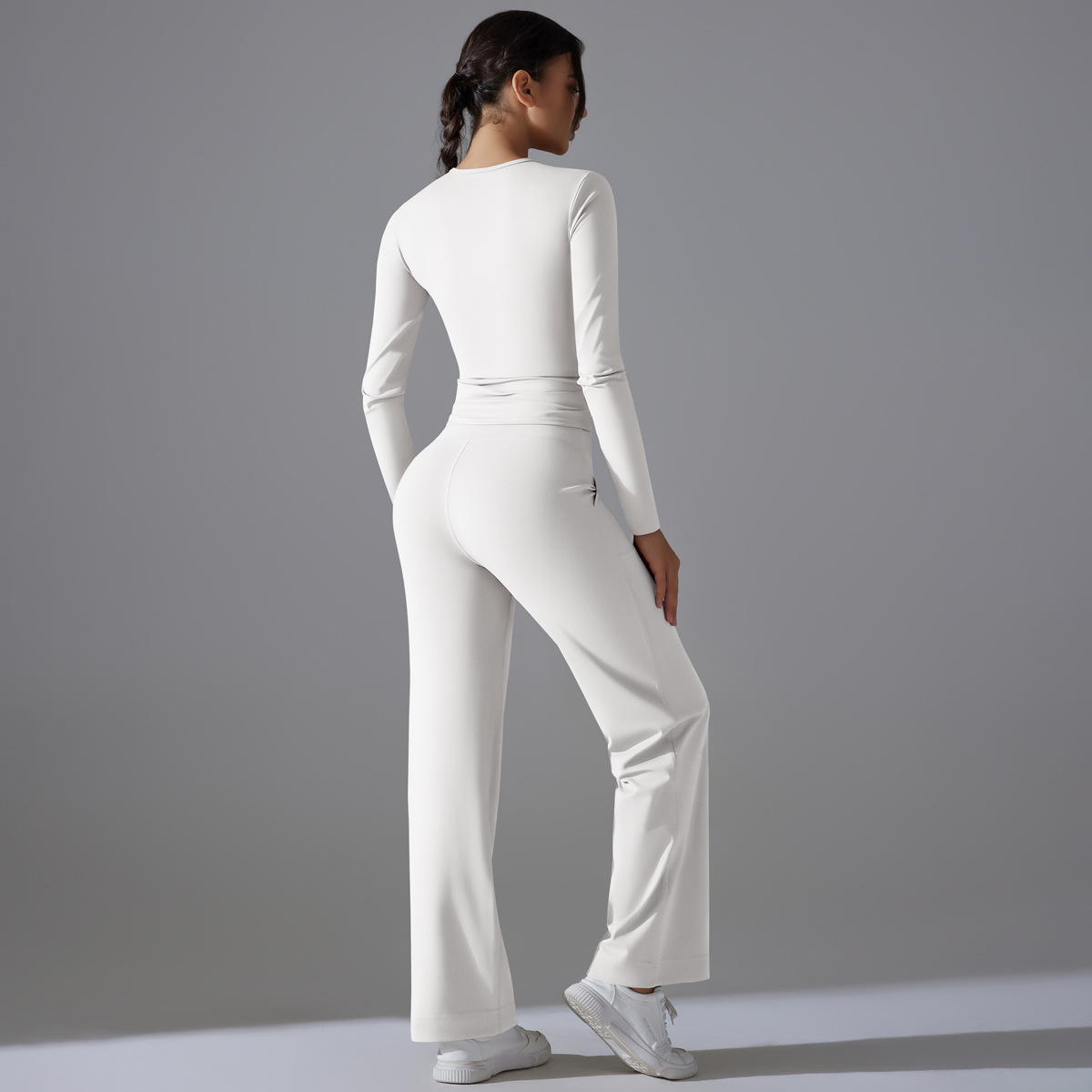 Double Sided Breathable Long Sleeve Wide Leg Sports Fitness Two Piece Front Suit Yoga Suit