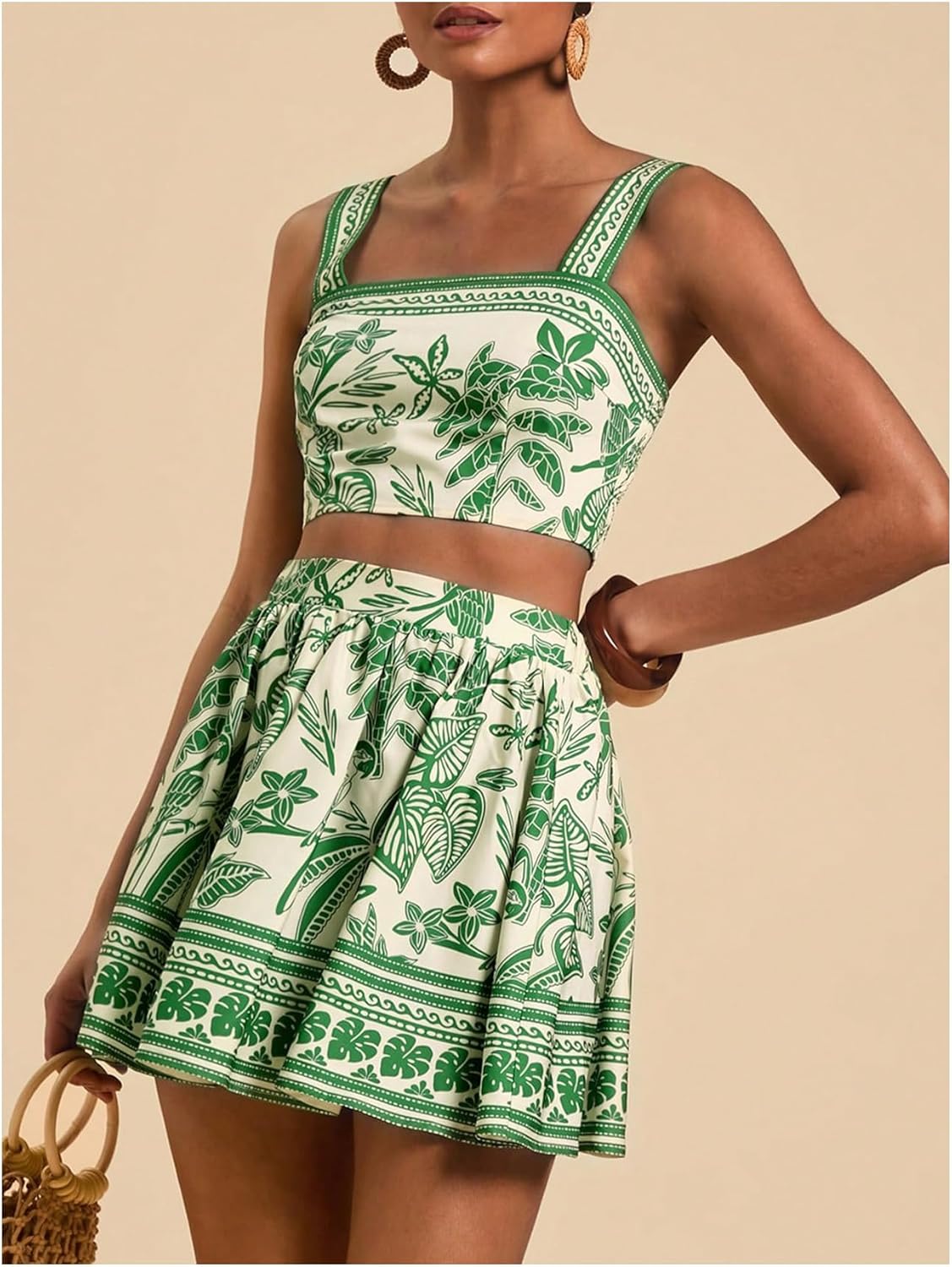 Floerns Women's Two Piece Outfit Tropical Crop Cami Top And Above Knee Summer Skirt Set 95% Polyester 5% Elastane