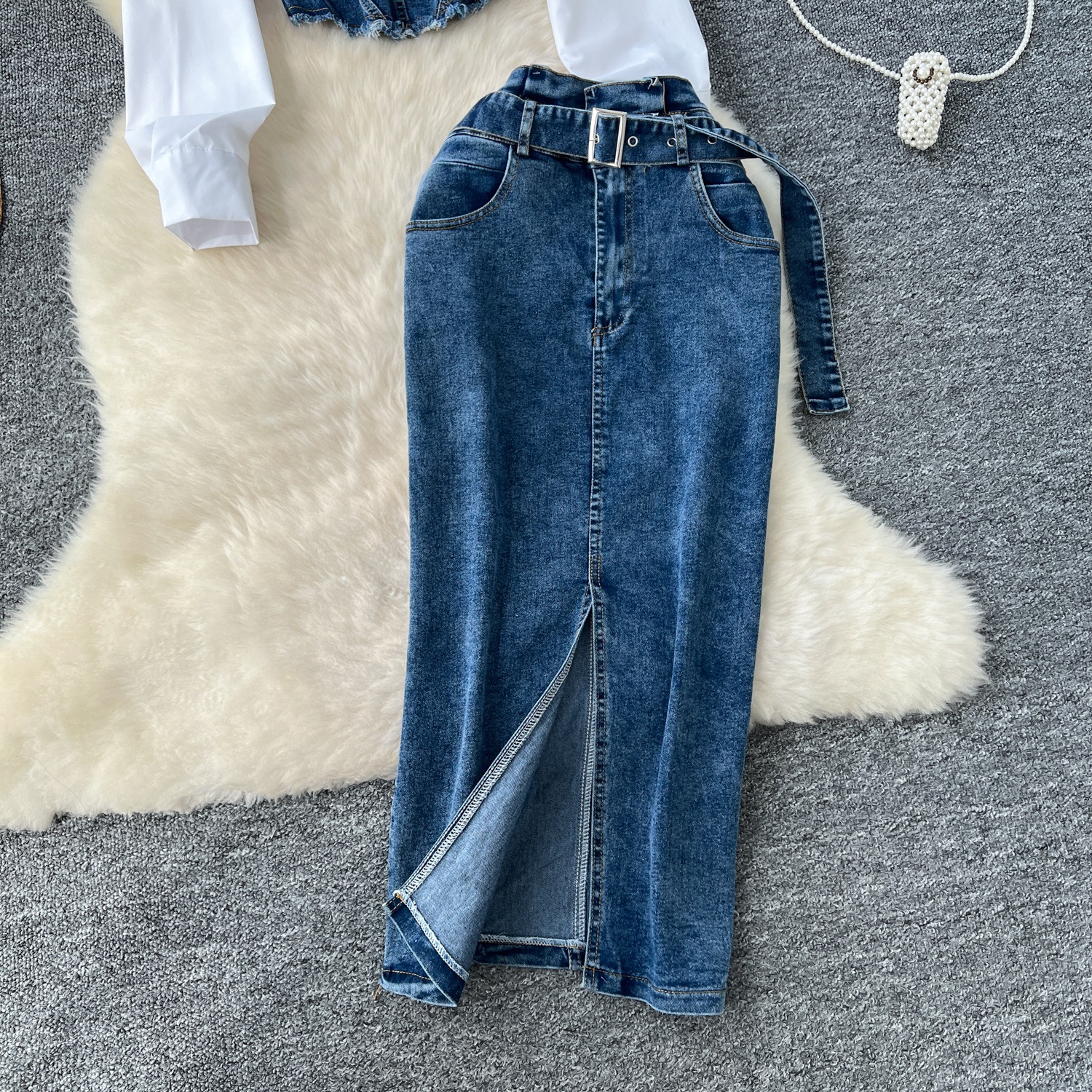 Fashion Splicing Two-piece Long Sleeved Shirt Women's Waistband Waist Cinched Denim Skirt Two-piece Set