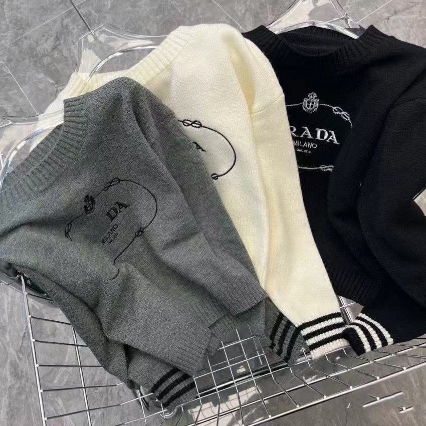 Luxury Designer Women's 100% Cotton Pullover Embroidery Long Sleeve Casual Knitted Top with Custom Logo Winter Knit Sweater
