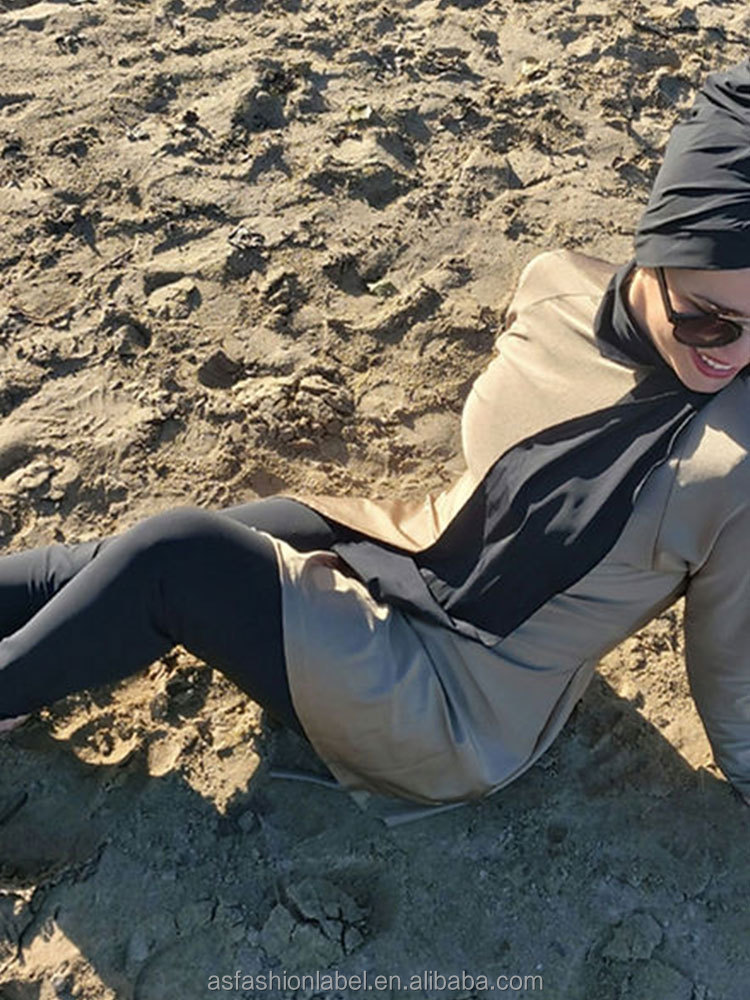 Custom OEM Burkini 3 Piece Set Women Mock Neck Peplum Top Quick Dry Long Sleeve Hijab Champagne Muslim Swimsuit Modest Swimwear