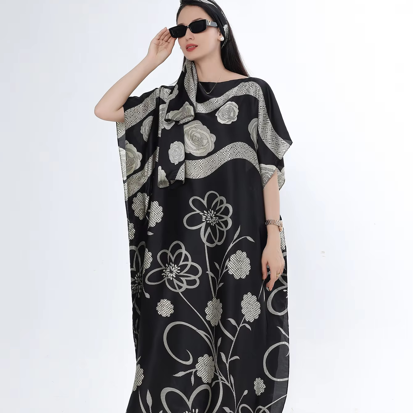 2025 Popular Girl's Brand Silk Robes With Scarf Luxury Ethnic African Loose Printed Women's Satin Silk Muslim Kaftans