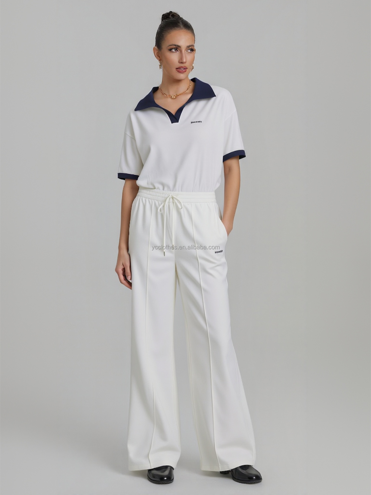 Wholesale Anti-Wrinkle Embroidered Custom Logo Women's Straight Pants Full Length High Waist Elastic Drawstring Casual Lounge