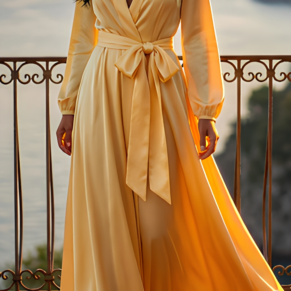 Custom Eid Al Adha Dress 2026 Butter Yellow Modest Long Sleeve Satin V Neck Wrap Maxi Custom OEM Dubai Abaya for Women